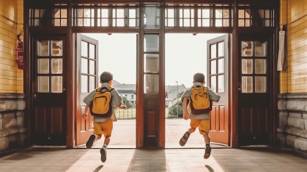 사진 학교로 달리는 두 소년의 뒤쪽 사진