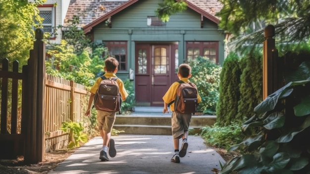 2人の男の子が学校に走っている後ろの写真