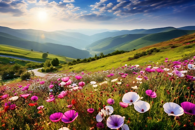 写真 野生の花が ⁇ く山々と平和な風景の写真