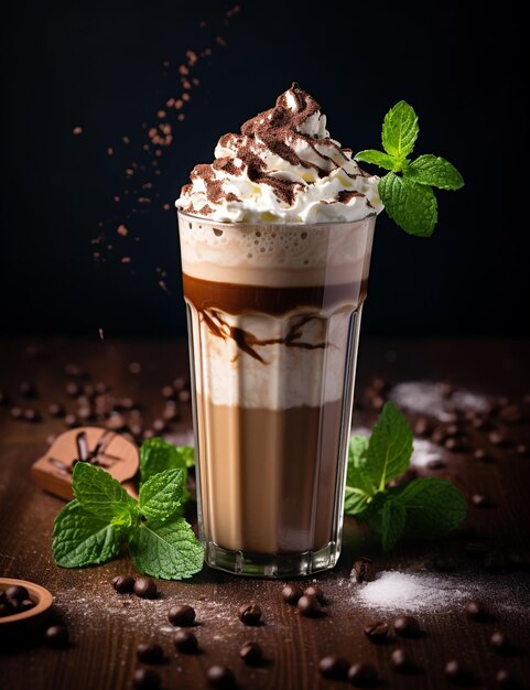 Фото Фотография напитка mocha peppermint shake, изящно выложенного на столе