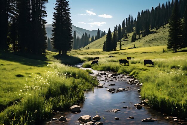 Фото Фото солнечных альпийских лугов с пасущимся скотом