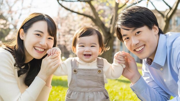 사진 어린 아이 가 앉아 있는 행복 한 젊은 가족 의 사진