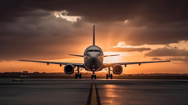 写真 滑走路に着陸する飛行機の日没の写真