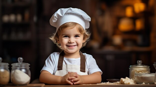 写真 シェフの帽子をかぶってキッチンで料理をしている 2 人の子供の写真