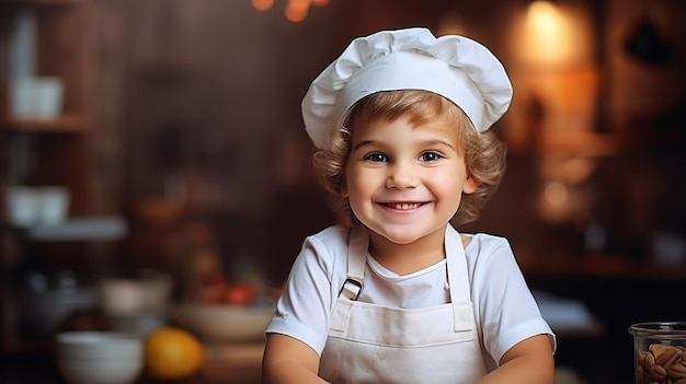 写真 シェフの帽子をかぶってキッチンで料理をしている 2 人の子供の写真