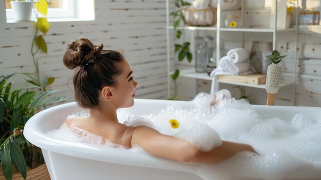 写真 泡の浴槽に座って家でおもろい日を過ごしている女性の写真