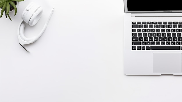 Photo of office table top view with laptop coffee cup and smartphone