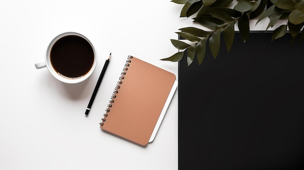 Photo of office table top view with laptop smart phone and coffee cup