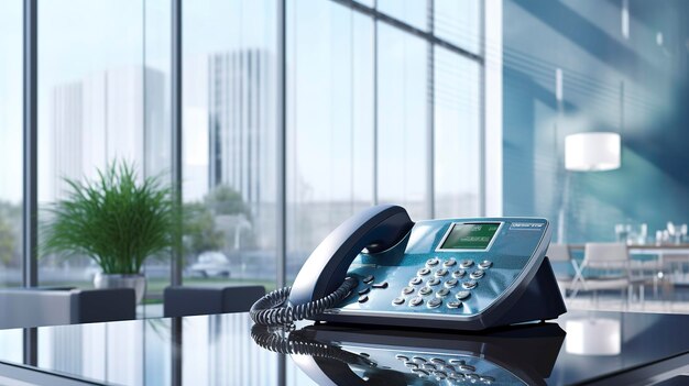 A photo of an office telephone on a glass desk