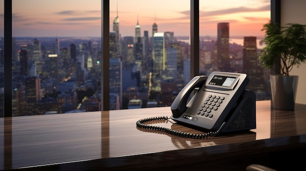 A photo of an office telephone on a minimalist desk