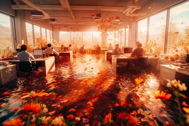 Photo of office workers calmly working while the space is quickly flooded with water chaotic worksp