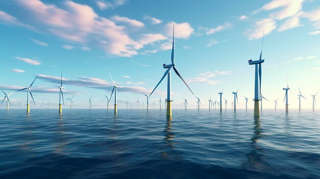 A photo of an offshore wind farm in a calm sea