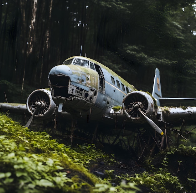 Photo old abandoned plane in the forest ai generated