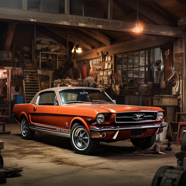 Photo an old mustang is sitting in a garage