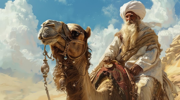 Photo of old Sufi wearing a turban riding a camel AI generated Image