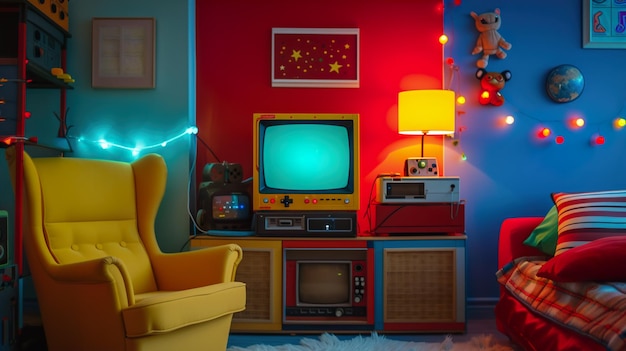 Photo of old vintage TV in colorful background in the style of retro inspiration