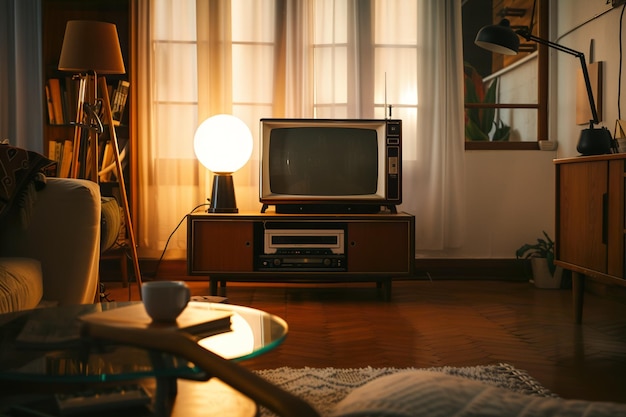 Photo of old vintage TV in colorful background in the style of retro inspiration