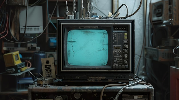 레트로 영감을 받은 스타일의 다채로운 배경으로 오래된 빈티지 TV의 사진