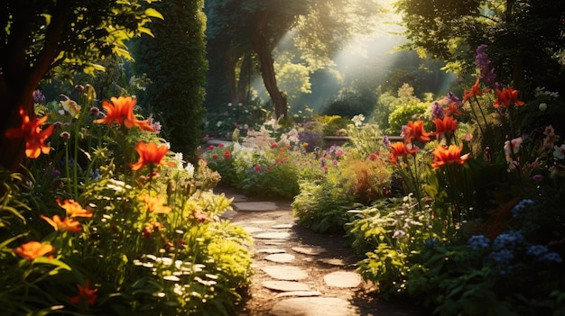 A photo of an oldworld garden overgrown with flowers