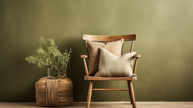 A photo of an olive green cushion wooden chair backdrop