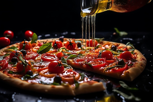 Photo of Olive oil drizzle on a Mediterranean pizza