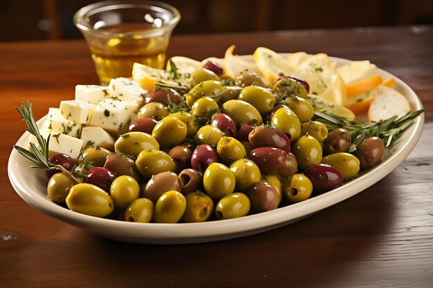 Photo of olives and cheese on a platter