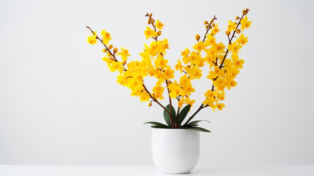 Photo of Oncidium in minimalist pot as houseplant for home decoration on white table
