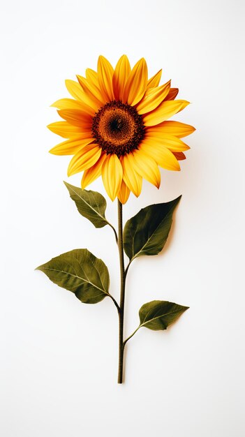 Photo of one stalk of sunflower isolated on white background