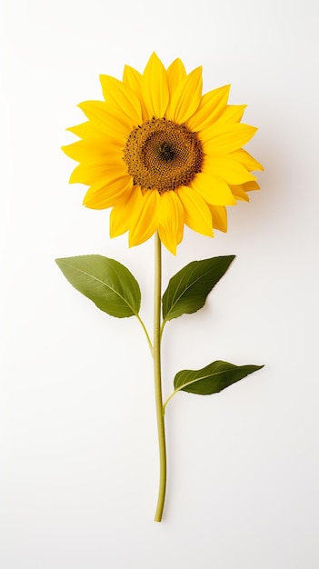 Photo of one stalk of sunflower isolated on white background