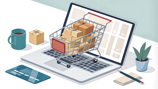 photo online shopping involves placing a cart filled with boxes on top of a laptop computer