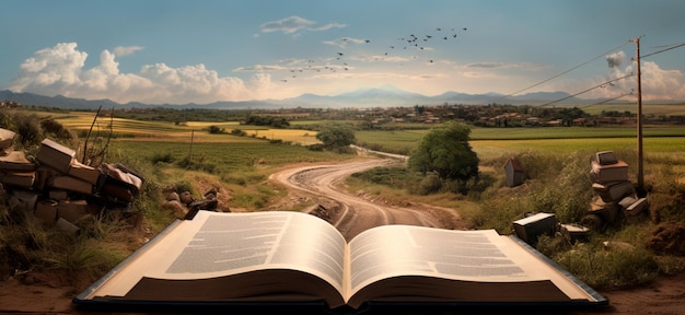 Foto foto di una bibbia aperta a terra in un campo