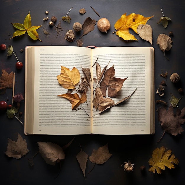 photo open book with pencil and leaves