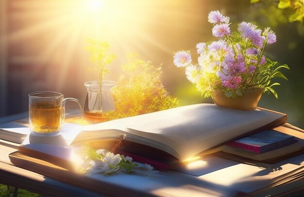 Photo open books and flower with sun light