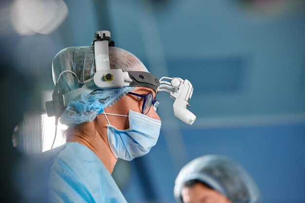 Photo of the operating surgeon in the surgery room Surgeon in mask and glasses with mounted headlight Close portrait