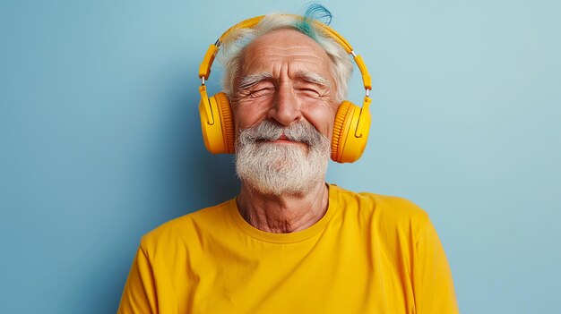 Фото оптимистичного старика слушает музыку танцует руки носят наушники очки изолированы на желтом фоне