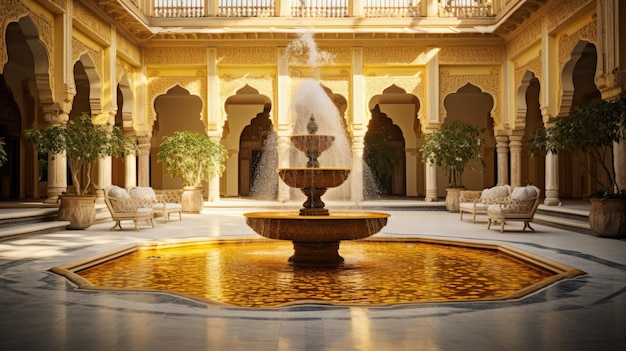 壮大な庭の豪華な金色の噴水の写真
