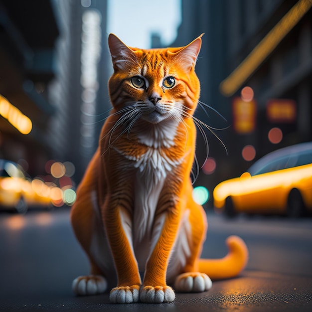 Photo of orange cat in the city background