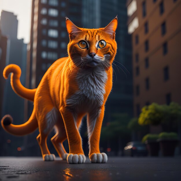 Photo of orange cat in the city background