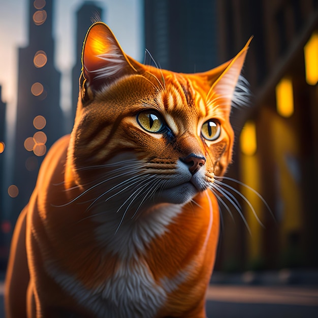 도시 배경 에 있는 오렌지색 고양이 의 사진