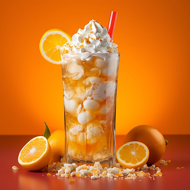 Photo of orange creamsicle float a nostalgic drink with orange soda a front view clean bg