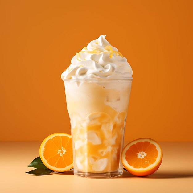 Photo of orange creamsicle smoothie blended orange juice and vanilla front view clean bg