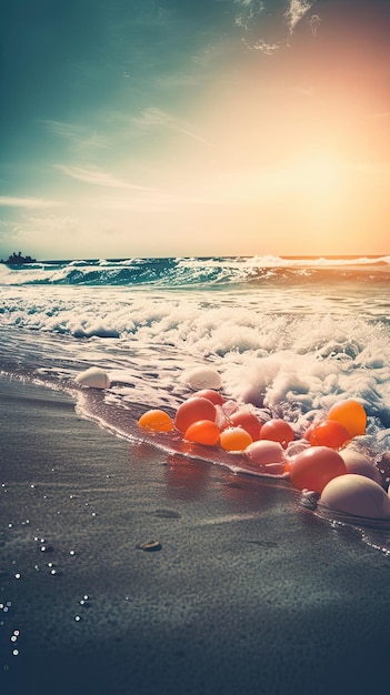 A photo of an orange egg laying on the beach
