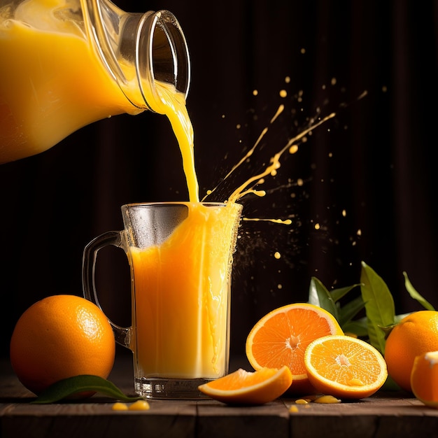 Photo orange juice pouring from the bottle into