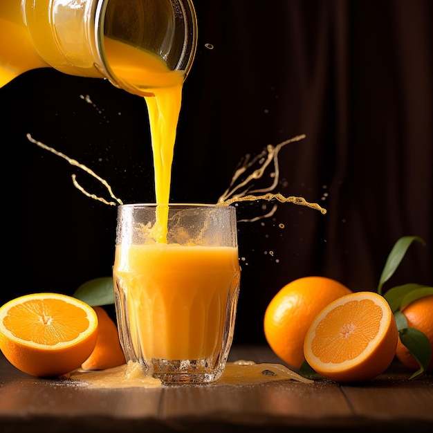 Photo orange juice pouring from the bottle into