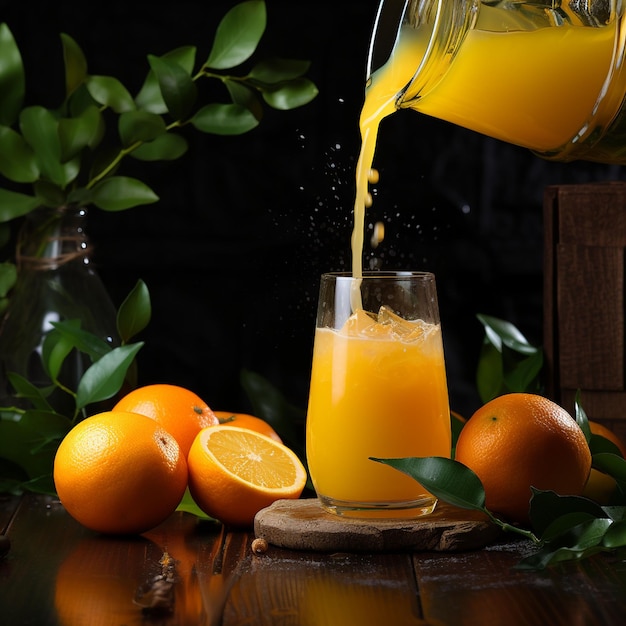 Photo photo orange juice pouring from the bottle into