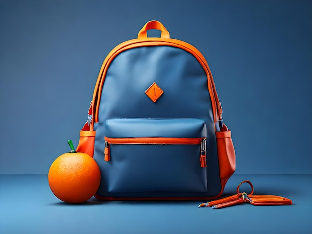 photo Orangered Colors school bag on blue background