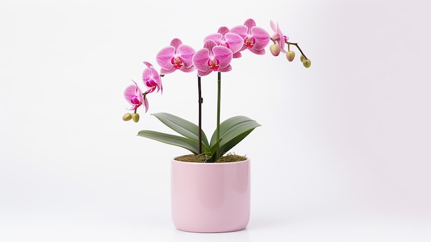 白い背景に隔離された鉢の中のオルキディアの花の写真