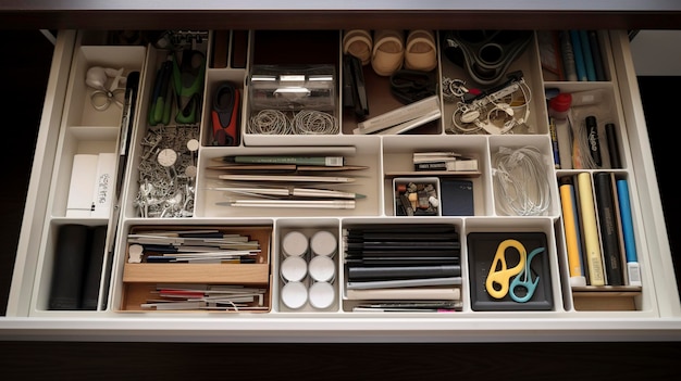 A Photo of a Organized Desk Drawer with Stationery and Supplies neatly arranged