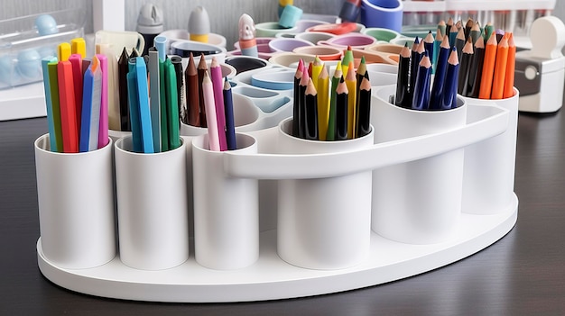 A Photo of a Organized Desk Pen Cup with Different Slots for Pens and Markers