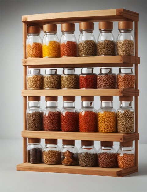 photo organized and filled spice jars in the rack